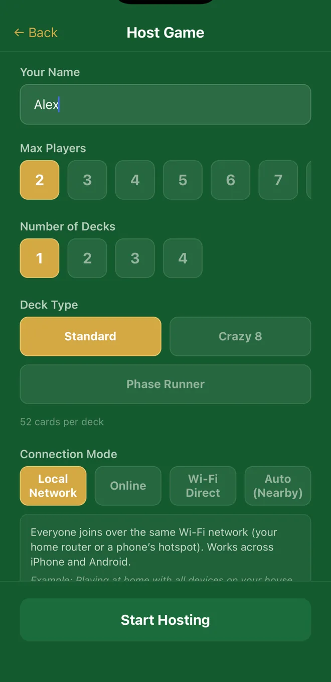The host setup screen: player count, number of decks, deck type and connection mode.