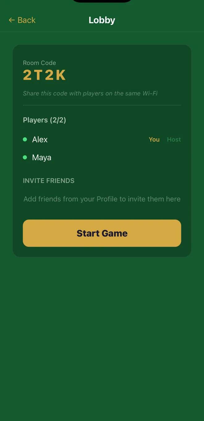 The lobby screen showing a room code and the players who have joined.